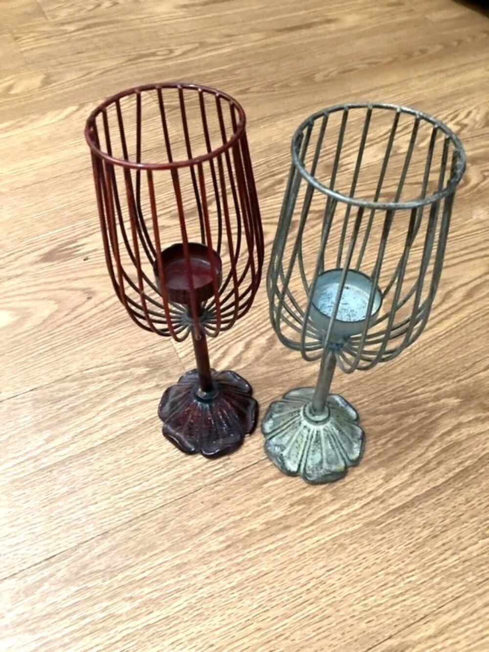 Large Vintage Pair Cage Candle Holders 11" Rustic Cast Metal Iron Flower Base